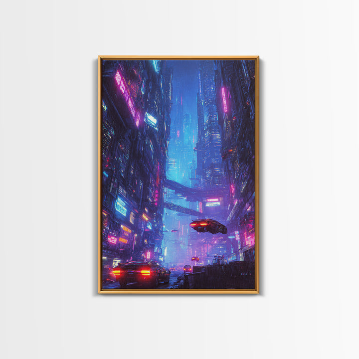 Cyberpunk Cityscape Night Scene Neon Lights Digital Wall Art Framed Canvas Print for Modern Home Decor
