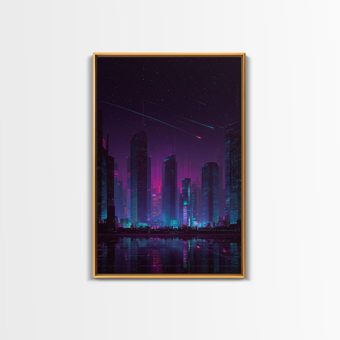 Cyberpunk Neon Cityscape Night Scene With Reflective Water And Shooting Stars Modern Wall Art For Office And Living Room Canvas Print