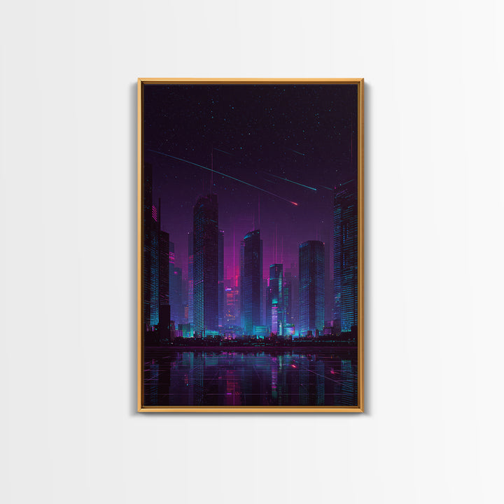Cyberpunk Neon Cityscape Night Scene With Reflective Water And Shooting Stars Modern Wall Art For Office And Living Room Canvas Print
