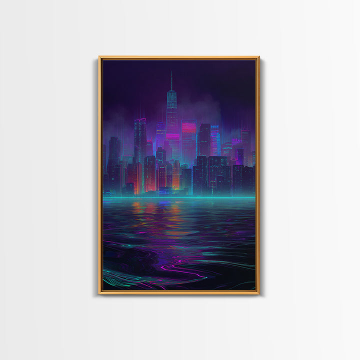 Neon Cyberpunk Cityscape With Reflections Futuristic Digital Wall Art Framed Canvas Print