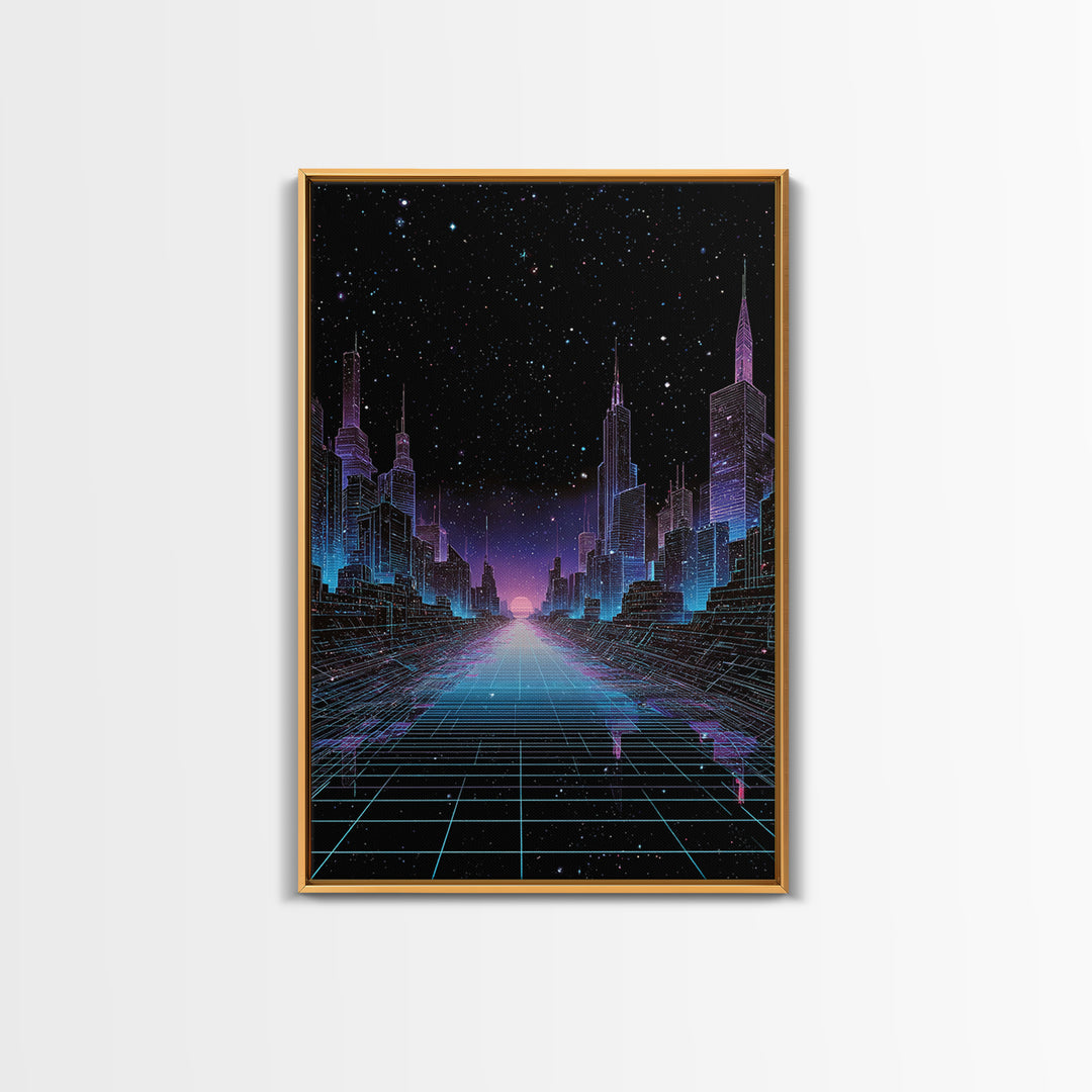 Futuristic Neon Cyberpunk City Nightscape Digital Art Wall Art Canvas Print Modern Urban Decor Aesthetic Gaming Room