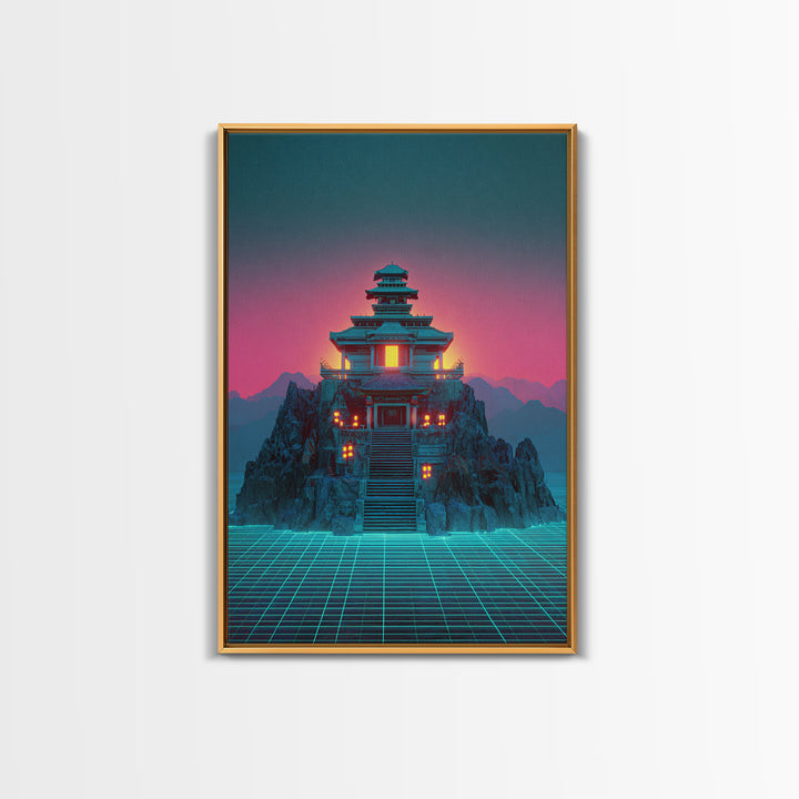 Futuristic Cyberpunk Japanese Temple Digital Artwork Wall Art Vibrant Canvas Print Perfect For Modern Home Decor