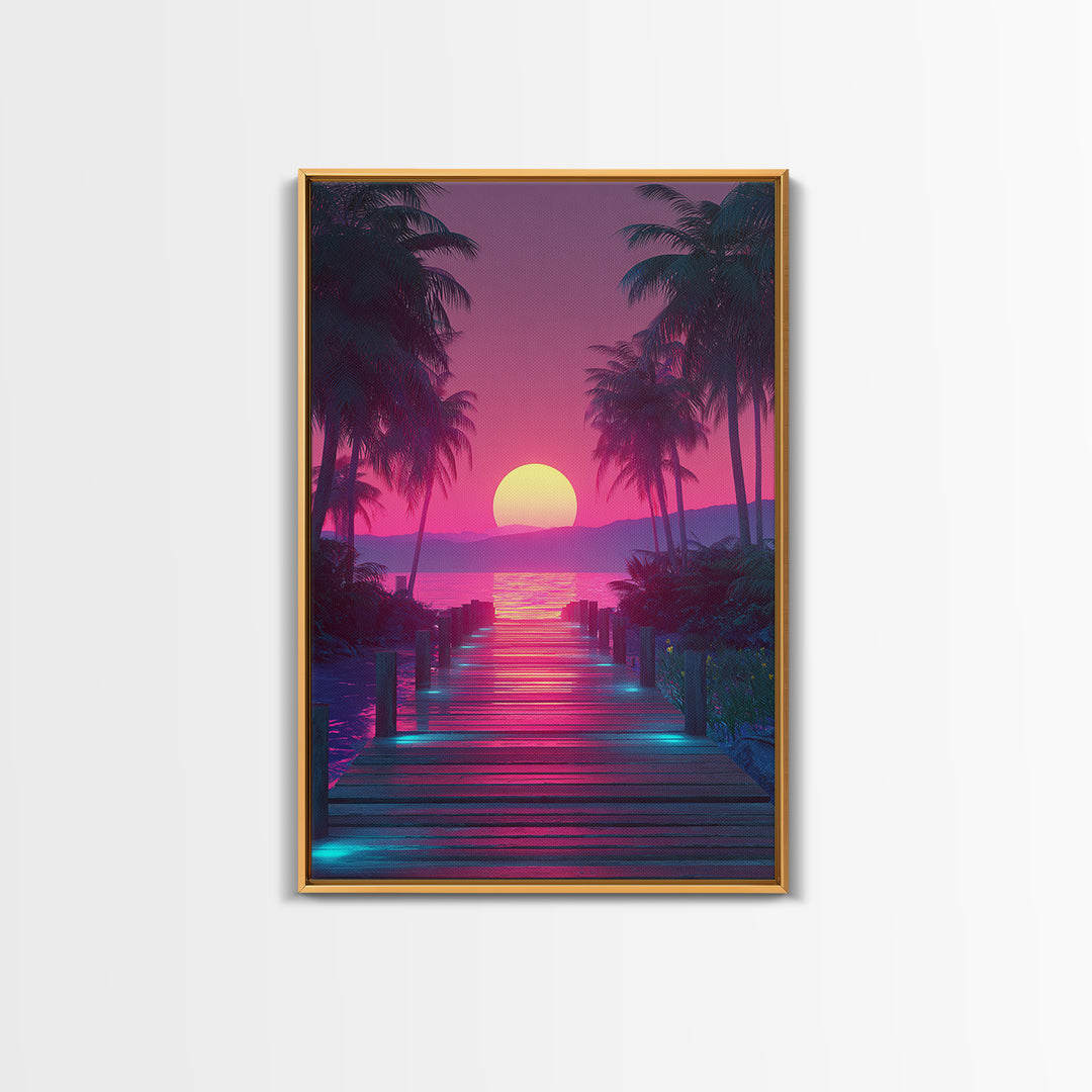 Retro Futuristic Neon Pink Sunset Over Waterfront Pier With Palm Trees Wall Art Framed Canvas Print For Vibrant Home Decor