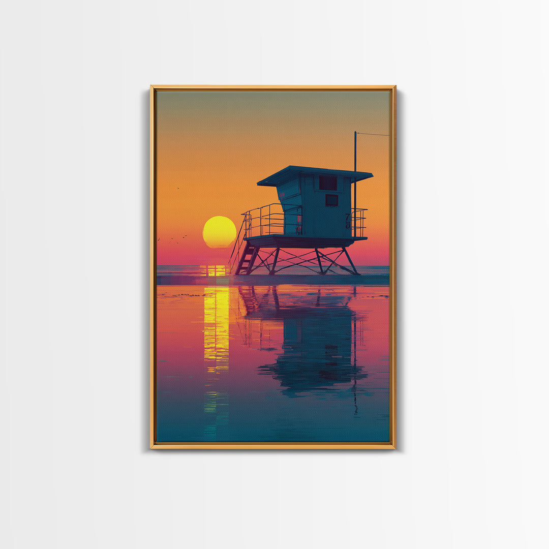 Sunset Beach Scene With Lifeguard Tower Reflecting On Water Modern Wall Art Digital Canvas Print