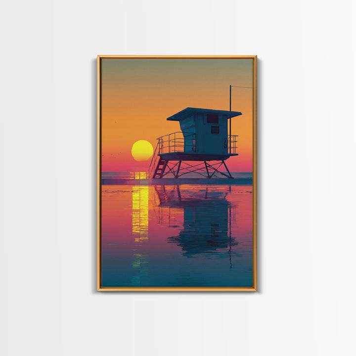 Sunset Beach Scene With Lifeguard Tower Reflecting On Water Modern Wall Art Digital Canvas Print