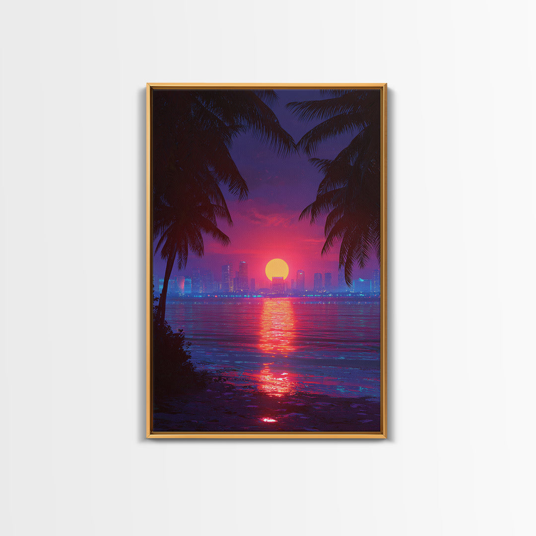 Retrowave Neon Sunset Cityscape Wall Art Canvas Print Modern Wall Art Miami Home Decor
