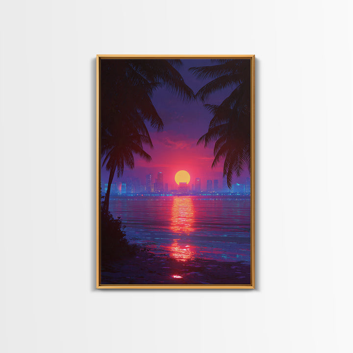 Retrowave Neon Sunset Cityscape Wall Art Canvas Print Modern Wall Art Miami Home Decor