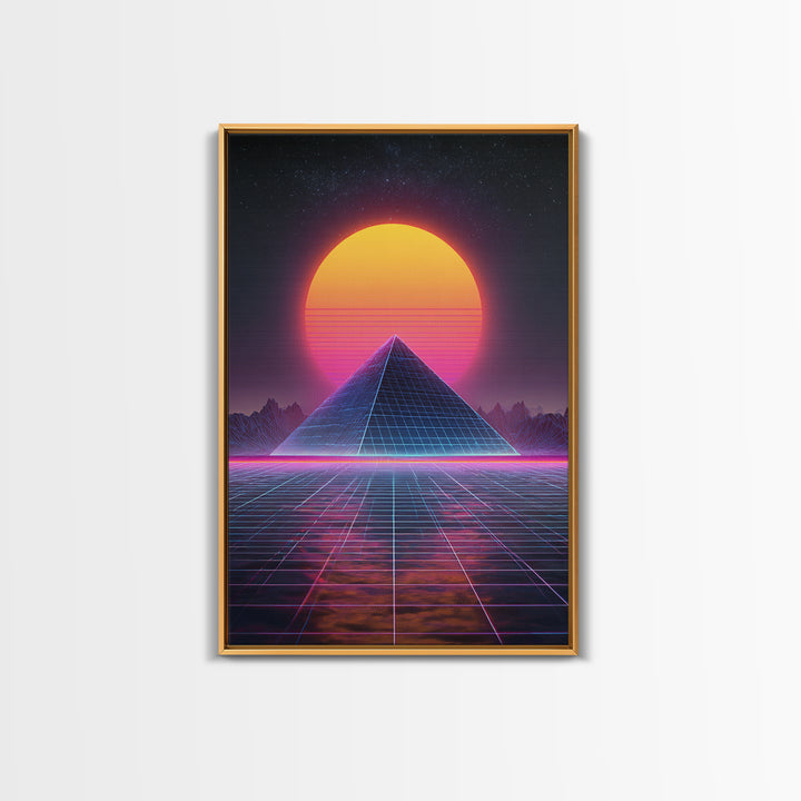 Retro Futuristic Neon Pyramid Digital Artwork Wall Art Framed Canvas Print For Sci Fi Bedroom Decor Modern Tech Art Gift