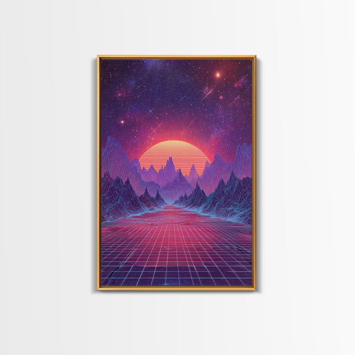 Surreal Futuristic Mountain Sunset Digital Canvas Print, Neon Grid Landscape Wall Art, Sci-Fi Inspired Modern Decor