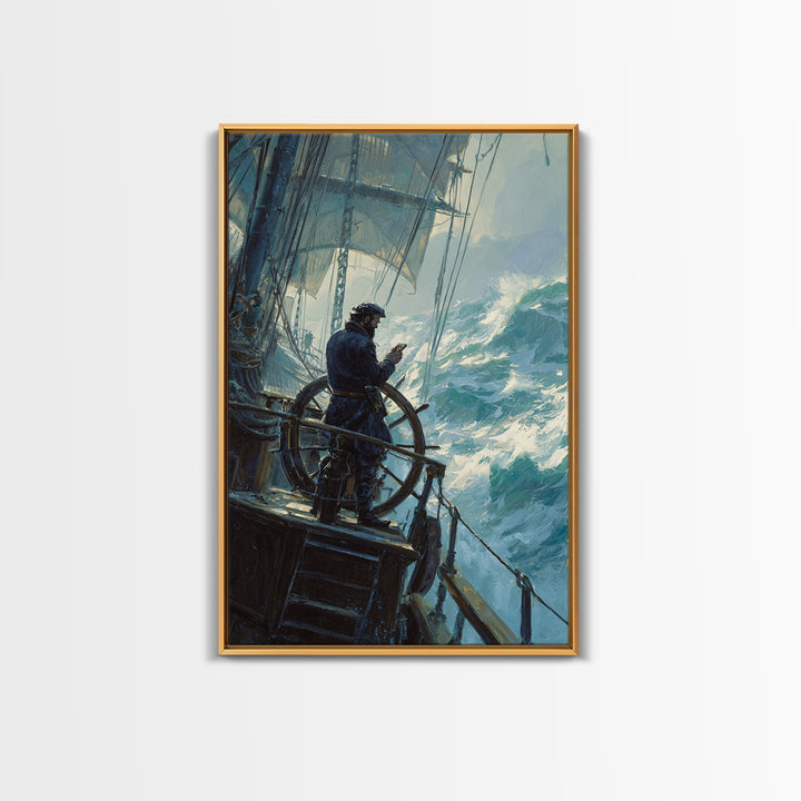 Stormy Sailor At Ship Wheel Large Canvas Print, Nautical Seascape Wall Art, Ocean Painting, Coastal Decor For Living Room