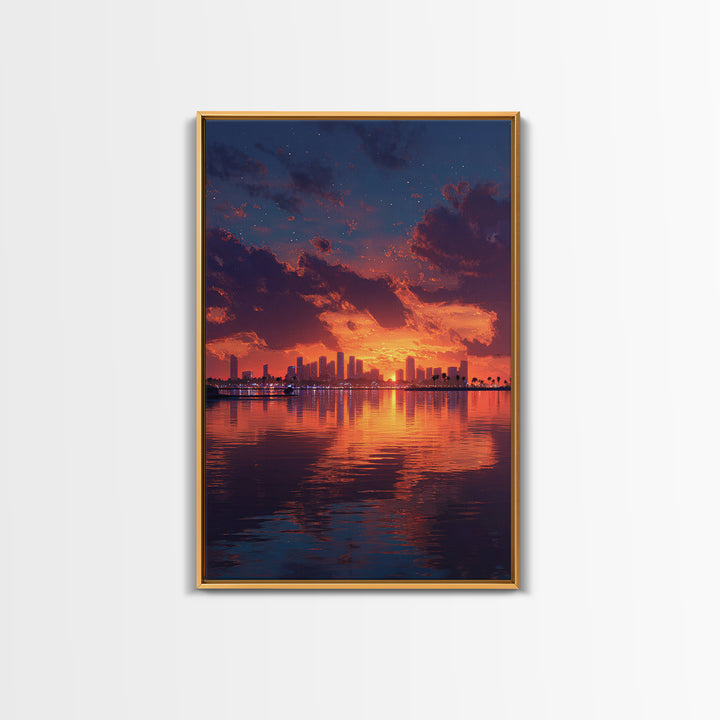 Stunning City Skyline Sunset Landscape Reflection Wall Art Canvas Print For Modern Home Decor