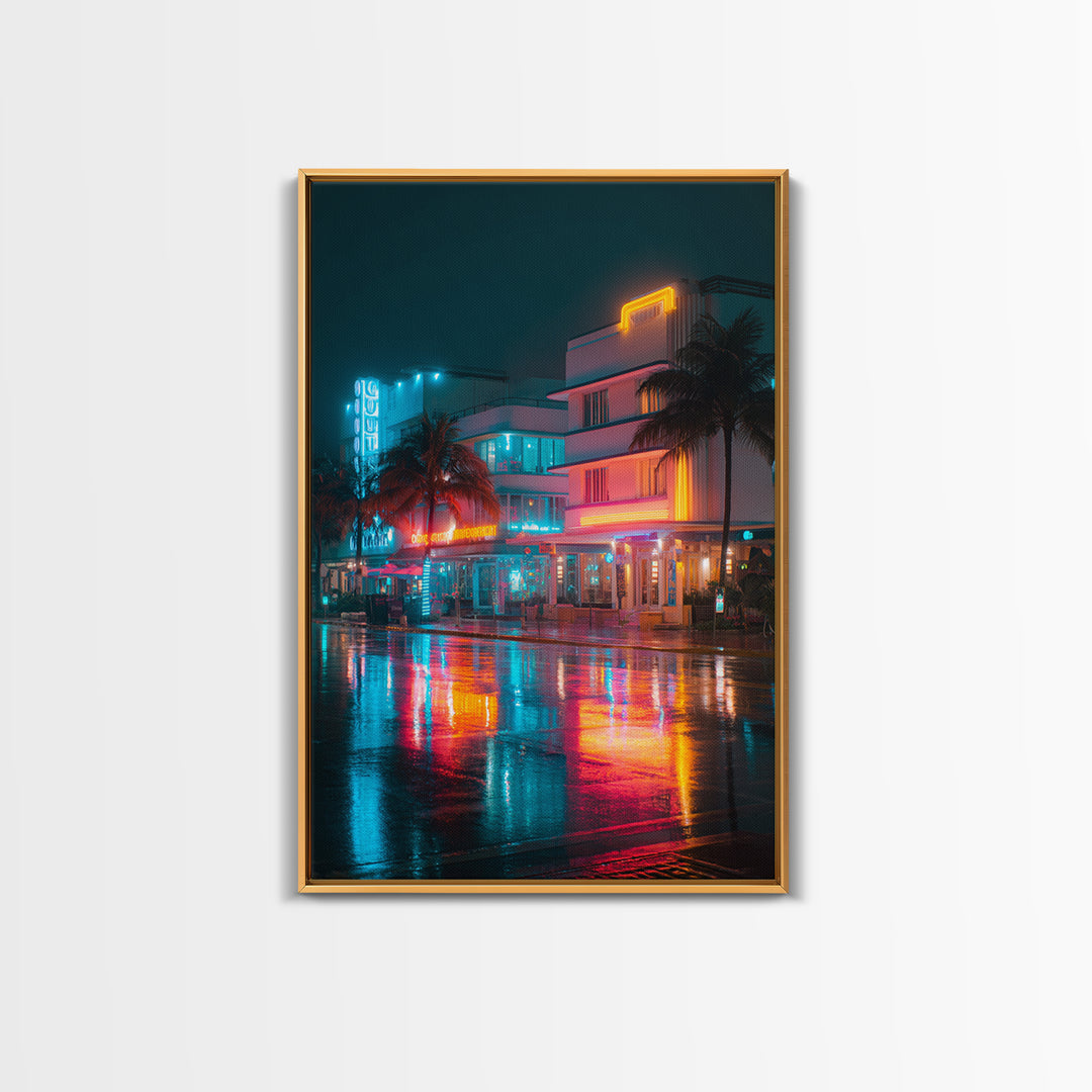 Neon City Night Scene With Palm Trees And Vibrant Lights Ultra Modern Wall Art Framed Canvas Print For Urban Home Decor