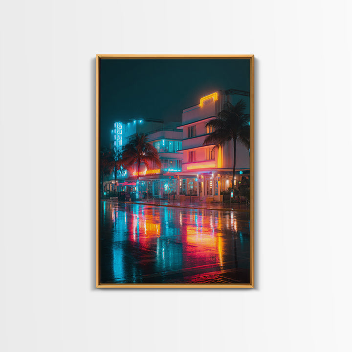 Neon City Night Scene With Palm Trees And Vibrant Lights Ultra Modern Wall Art Framed Canvas Print For Urban Home Decor