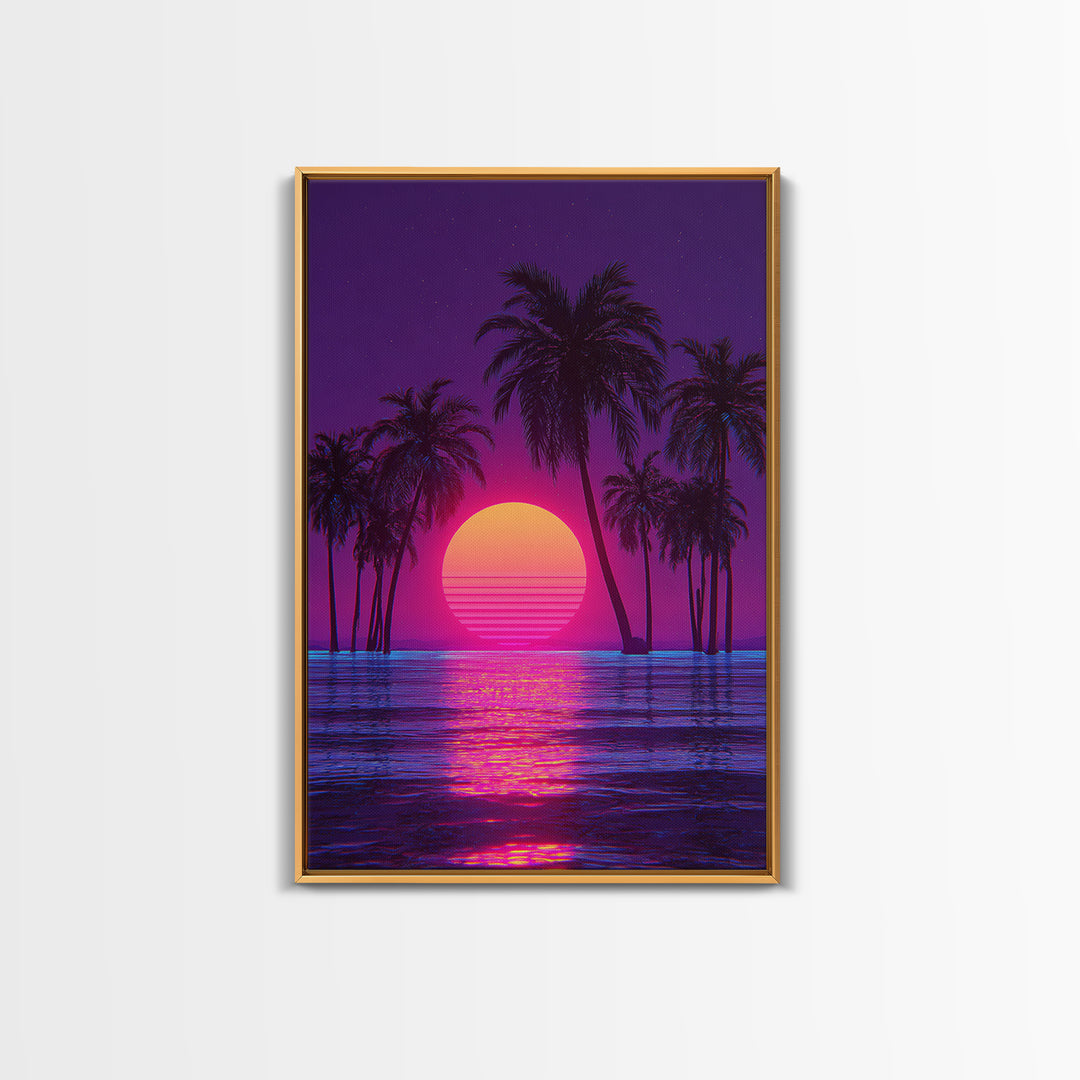 Vivid Neon Sunset With Palm Trees And Reflective Waterfall Retro Futuristic Landscape Wall Art Canvas Print