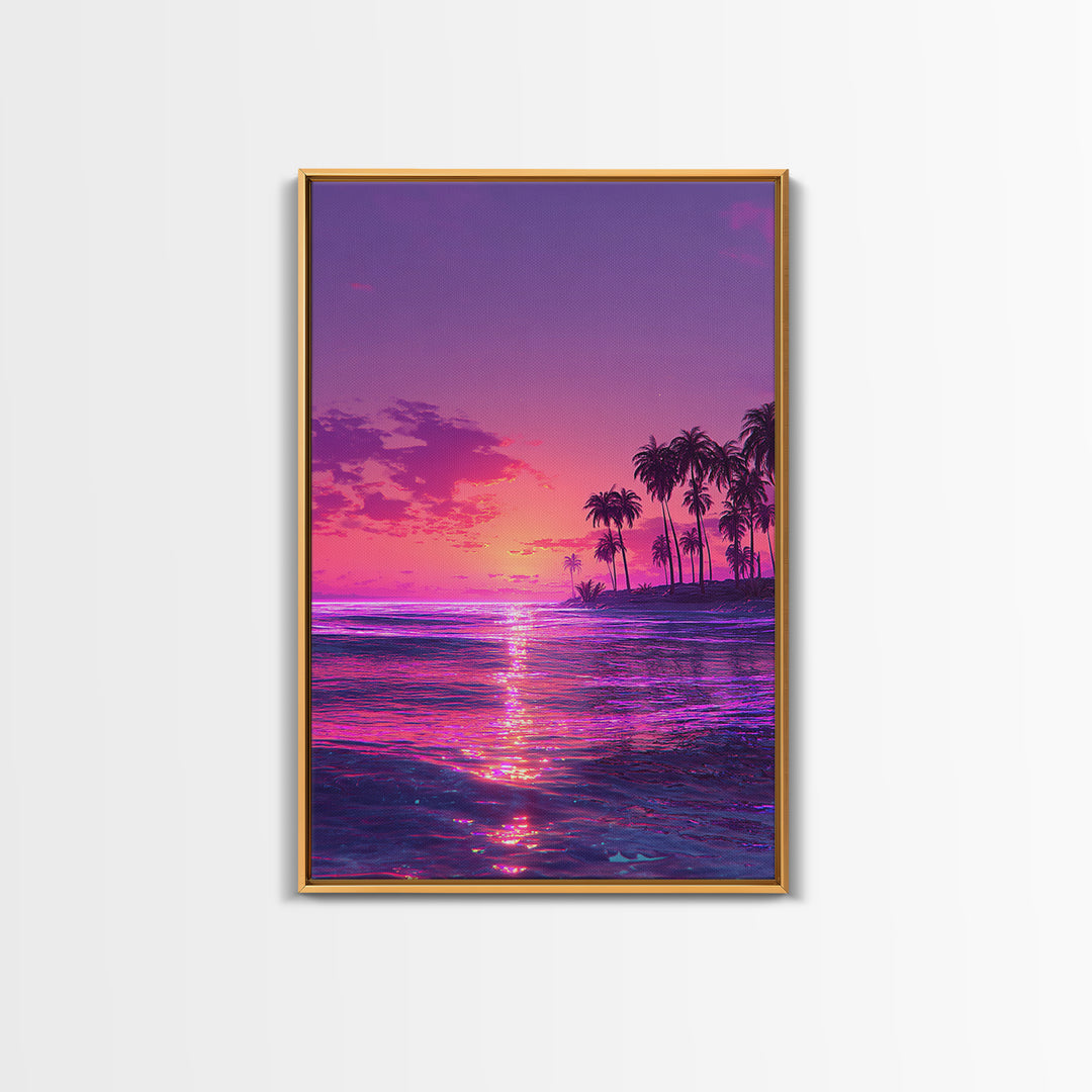 Vibrant Neon Pink And Purple Tropical Sunset With Palm Trees Coastal Wall Art Canvas Print For Modern Beach Decor