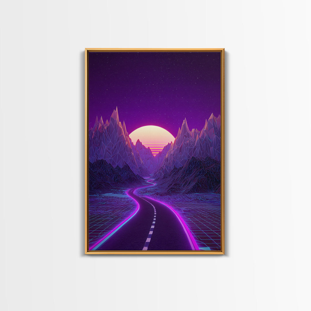 Cyberpunk Cityscape At Night With Purple Neon Lights Reflecting On Water Modern Wall Art Framed Canvas Print For Trendy Decor