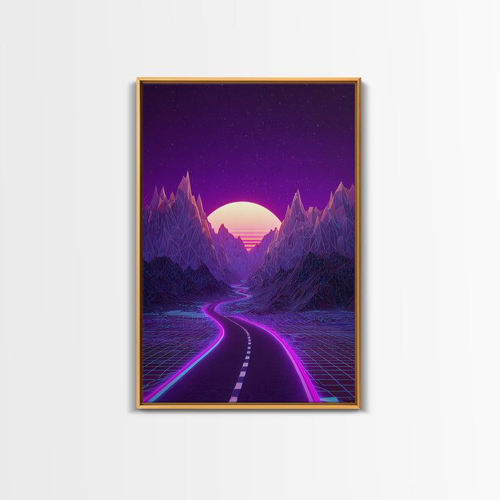 Cyberpunk Cityscape At Night With Purple Neon Lights Reflecting On Water Modern Wall Art Framed Canvas Print For Trendy Decor