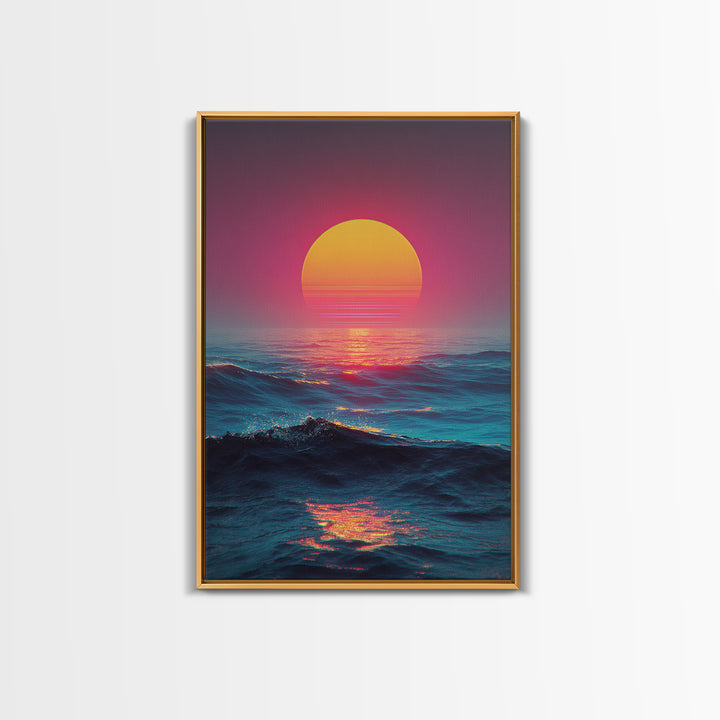 Vibrant Sunset Over Ocean With Pink And Yellow Sun Reflection Canvas Print For Modern Coastal Wall Art Decor
