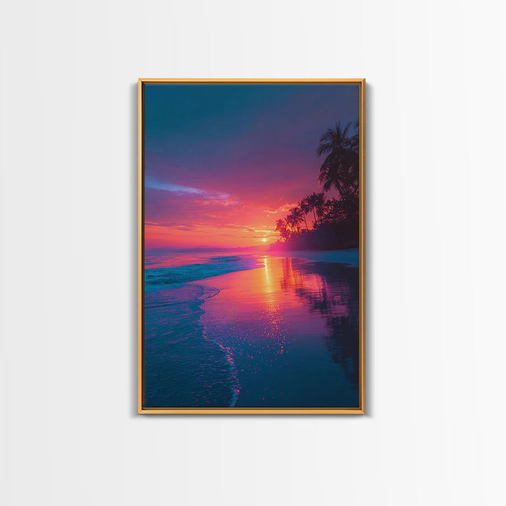 Colorful Tropical Beach Sunset With Palm Trees Vibrant Landscape Wall Art Modern Framed Canvas Print Coastal Home Decor
