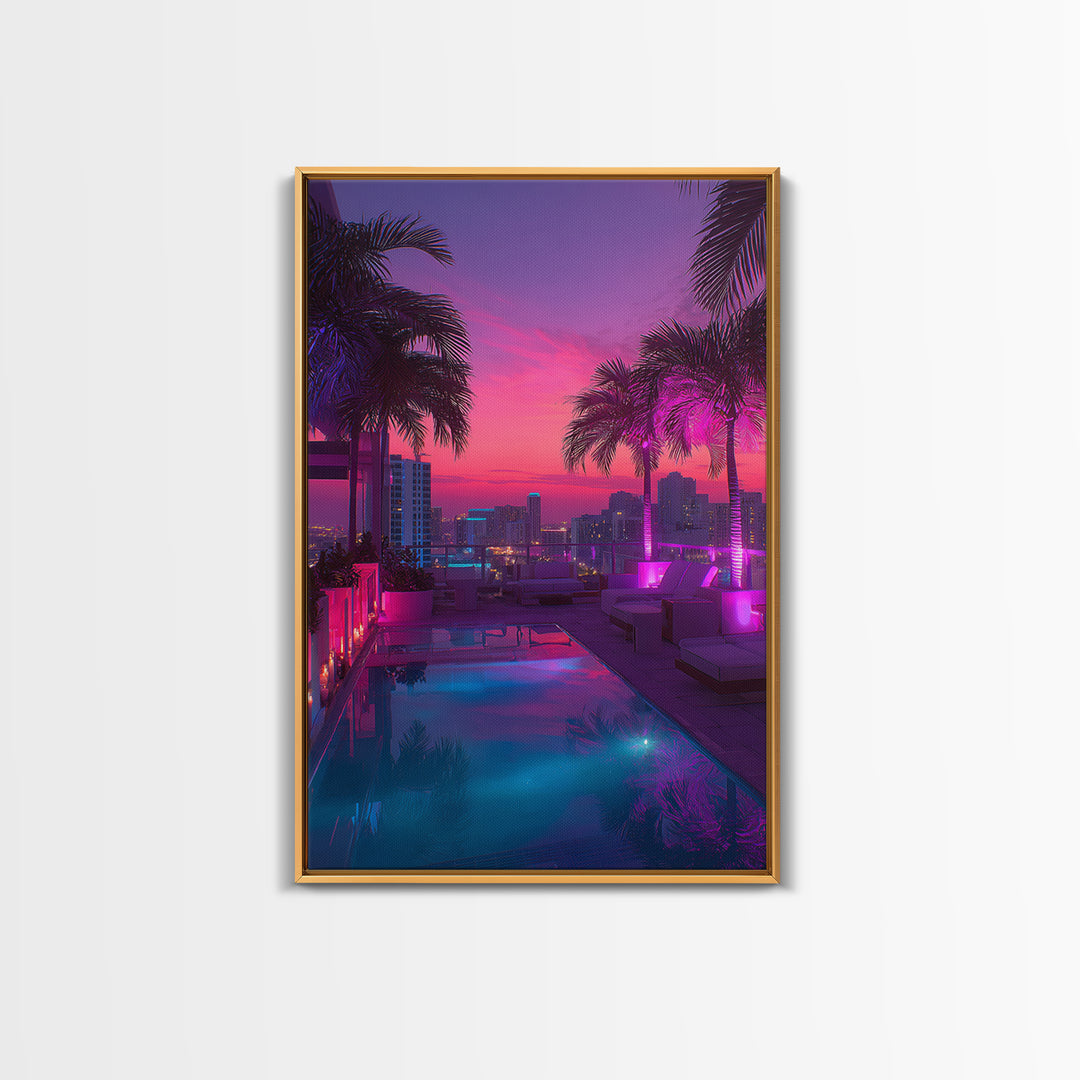 Modern Rooftop Pool Sunset Miami Cityscape Night View Wall Art Canvas Print For Office Living Room Decor