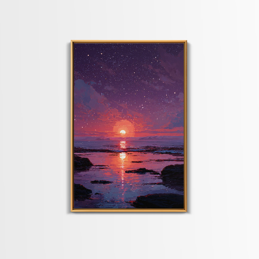 Stunning Starry Night Ocean Sunset Digital Painting Colorful Wall Art Canvas Print Modern Coastal Decor