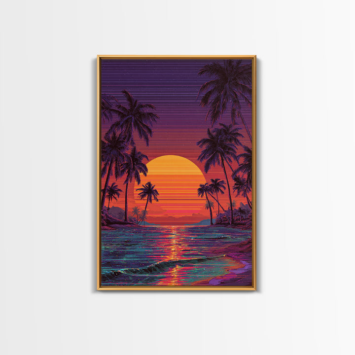 Vibrant Retro Sunset Beach Scene Canvas Print Featuring Palm Trees And Ocean Waves Colorful Coastal Wall Art Home Decor