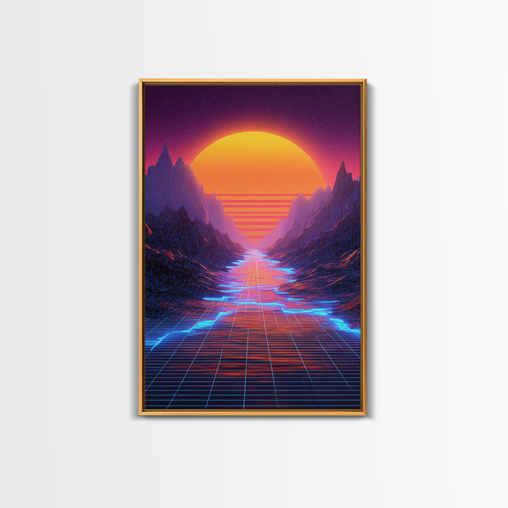 Retro Synthwave Landscape With Neon Grid Road And Large Sun Wall Art Canvas Print For Modern Living Room Decor