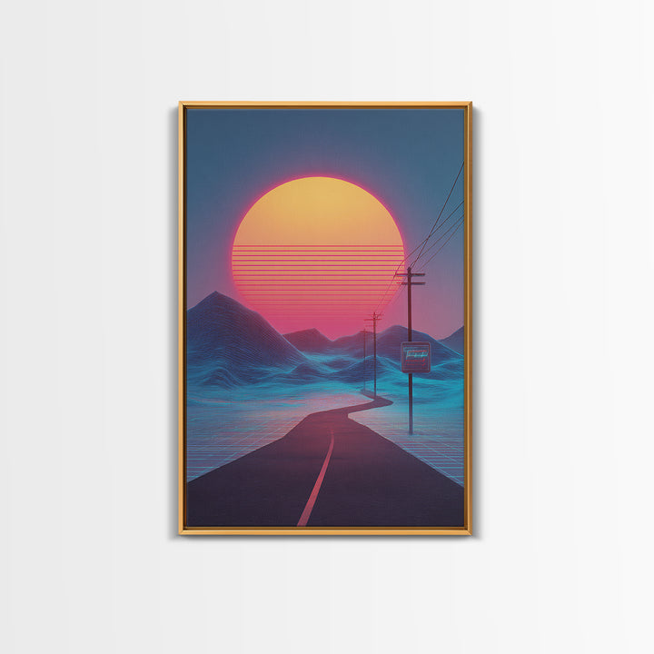 Synthwave Landscape With Electric Colors Neon Sun And Grid Mountains Digital Wall Art Canvas Print