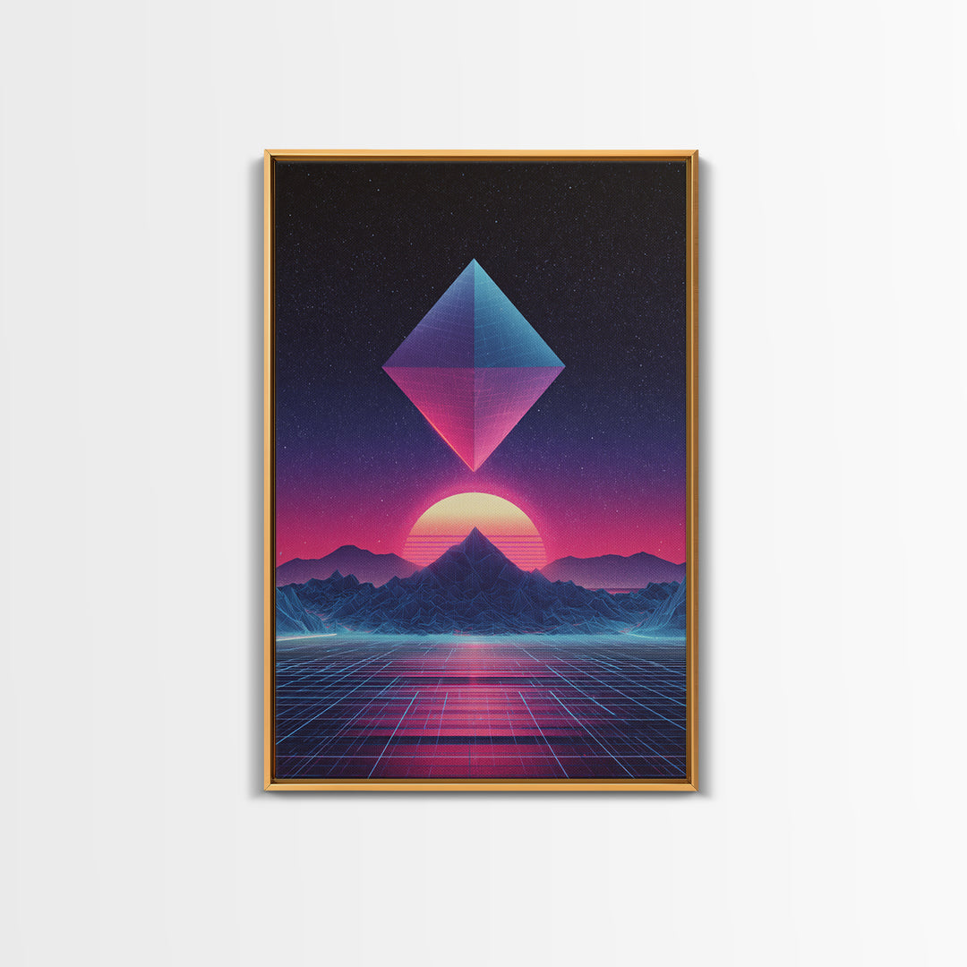 Futuristic Neon Pyramid Sunset Scene Wall Art Featuring Geometric Mountains With A Vibrant Canvas Print