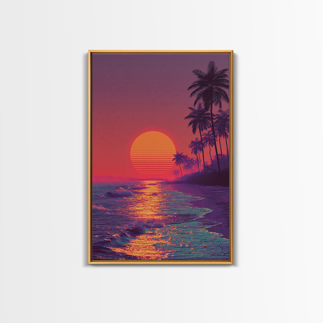 Vibrant Neon Sunset Over Tropical Beach With Palm Trees Wall Art For Modern Home Decor And Living Room Canvas Print