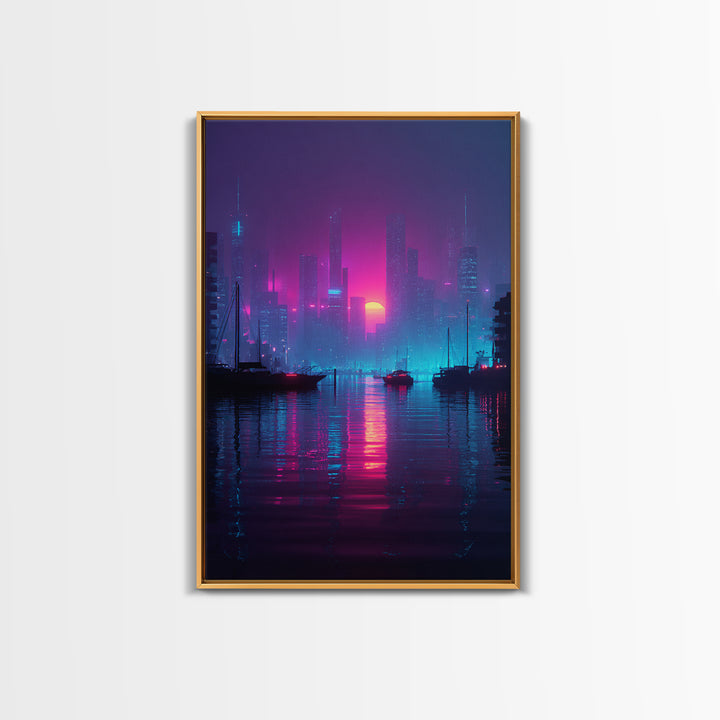 Futuristic Neon Cityscape With Sun Setting Over Harbor Framed Canvas Print For Cyberpunk Wall Art And Modern Home Decor