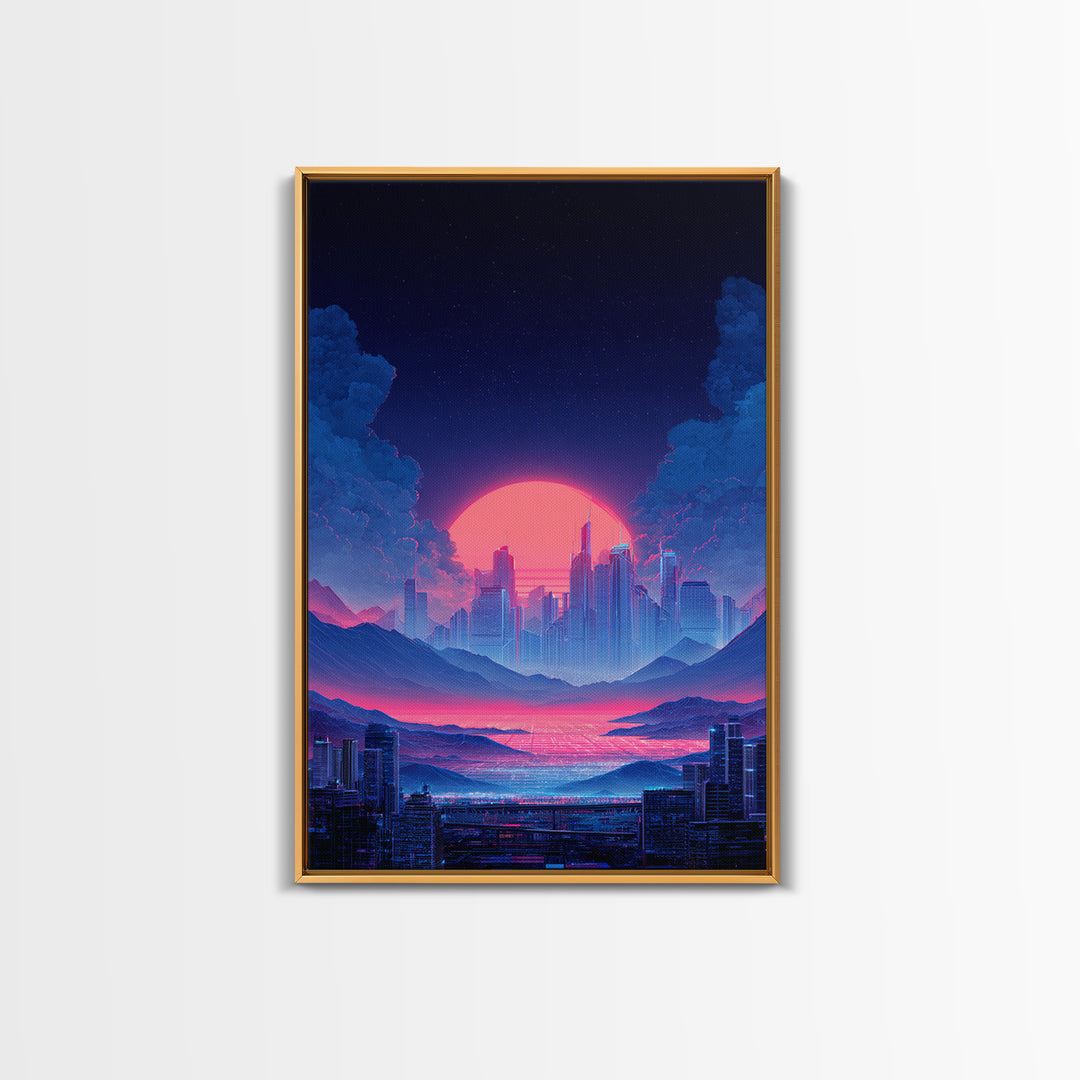 Futuristic Vibrant Neon Cityscape Digital Artwork Cyberpunk Sunset Modern Wall Art Large Framed Canvas Print