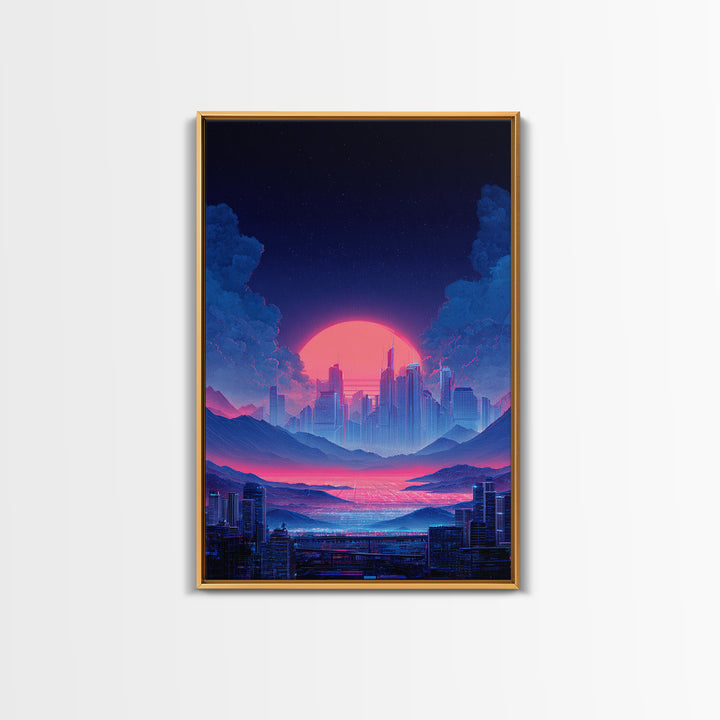 Futuristic Vibrant Neon Cityscape Digital Artwork Cyberpunk Sunset Modern Wall Art Large Framed Canvas Print