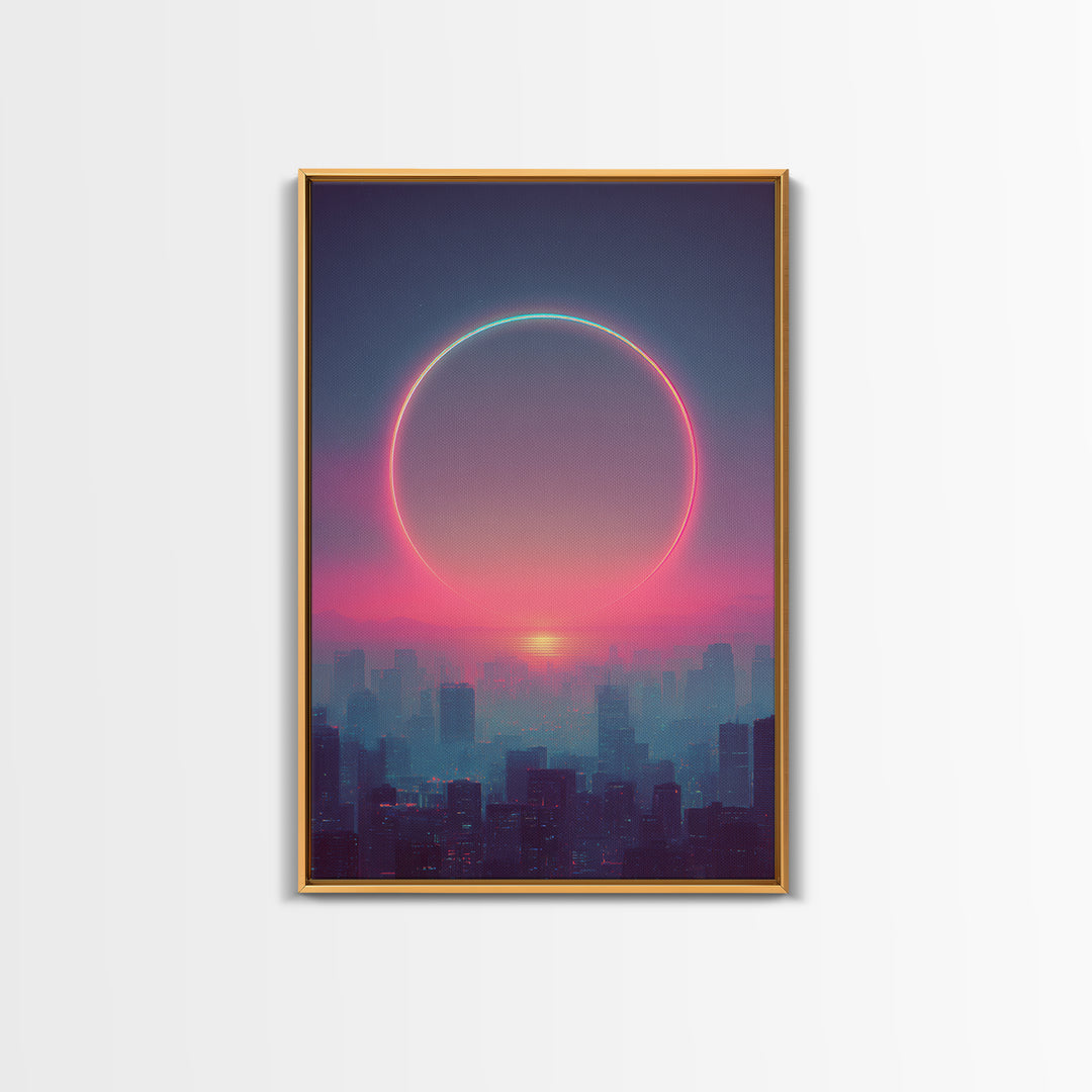 Mystical City Sunset With Crescent Neon Ring Over Buildings Framed Canvas Print For Futuristic Wall Art And Modern Decor