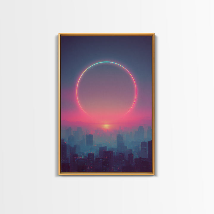 Mystical City Sunset With Crescent Neon Ring Over Buildings Framed Canvas Print For Futuristic Wall Art And Modern Decor