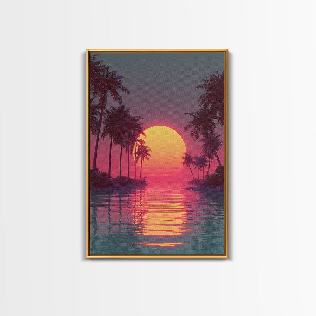 Retro Futuristic Vibrant Palm Trees Sunset With Neon Pink Sky Canvas Print Tropical Wall Art Coastal Decor Modern Wall Art