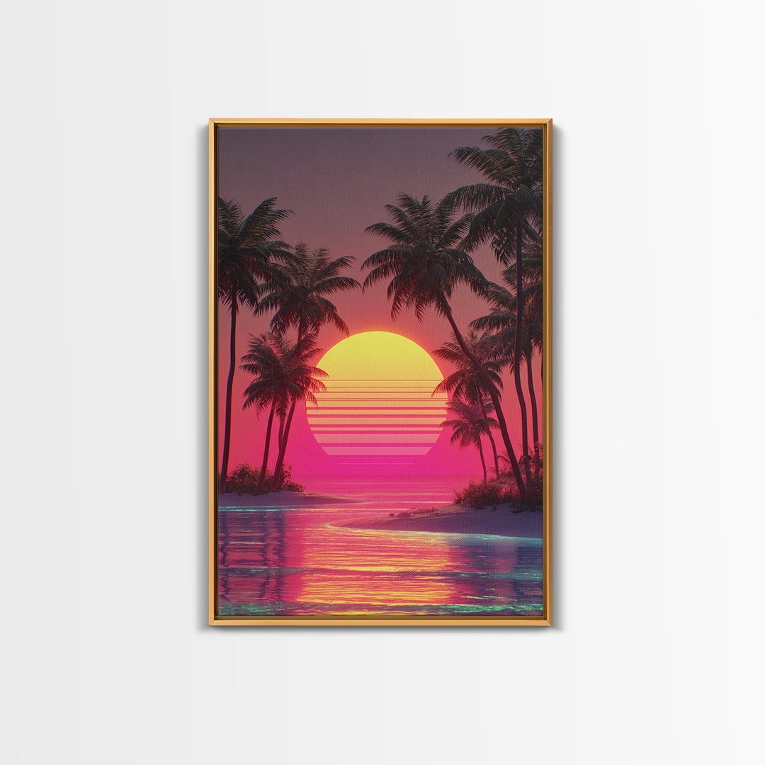 Dreamy Pink Sunset Tropical Island Palm Trees Calm Water Canvas Print Wall Art For Coastal Home Decor