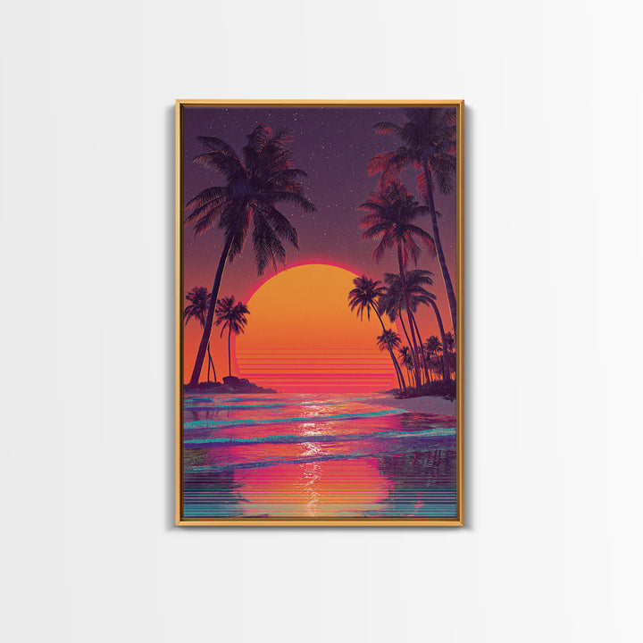 Vibrant Retro Sunset With Palm Trees Beach Scene Wall Art Canvas Print For Modern Home Decor And Coastal Wall Decor