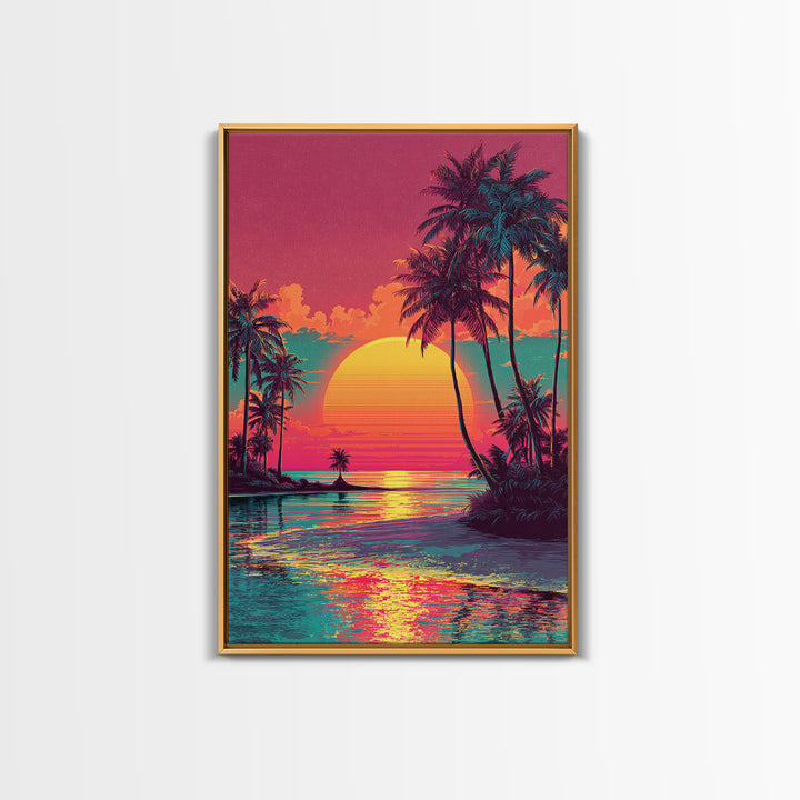 Vibrant Sunset Tropical Landscape With Palm Trees And Ocean View - Framed Canvas Print Coastal Wall Art For Home Decor