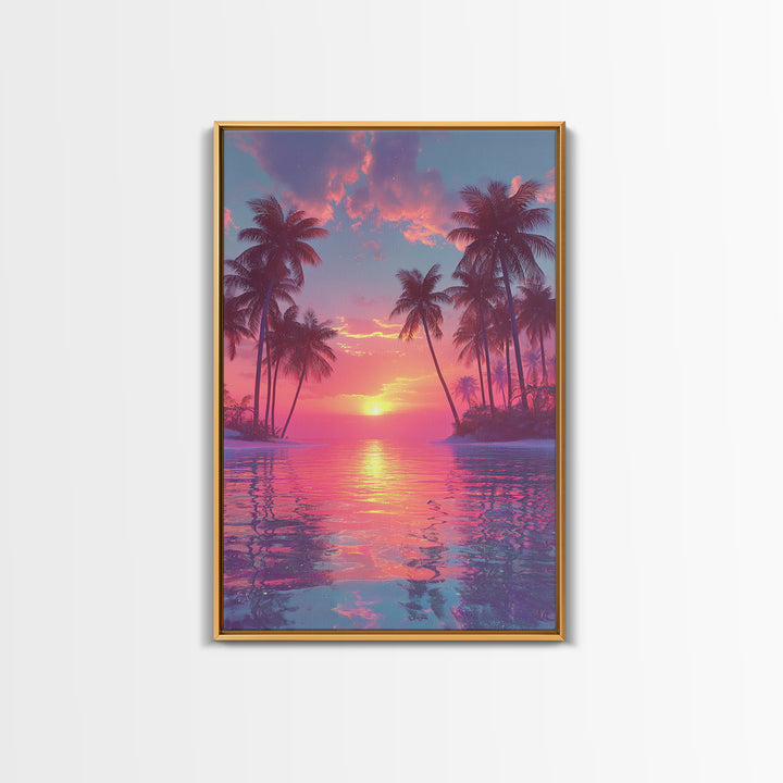 Tropical Sunset Palm Trees Over Water Vibrant Pink And Orange Sky Canvas Print For Modern Wall Art And Home Decor