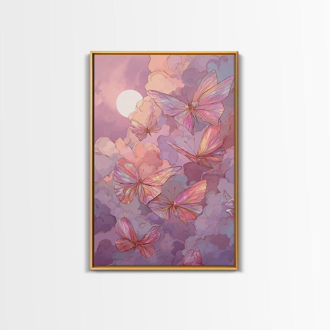 Pink Butterfly Moonlit Clouds Wall Art, Whimsical Nursery Decor, Celestial Art Print, Pastel Girls Room Decor, Gift For Her