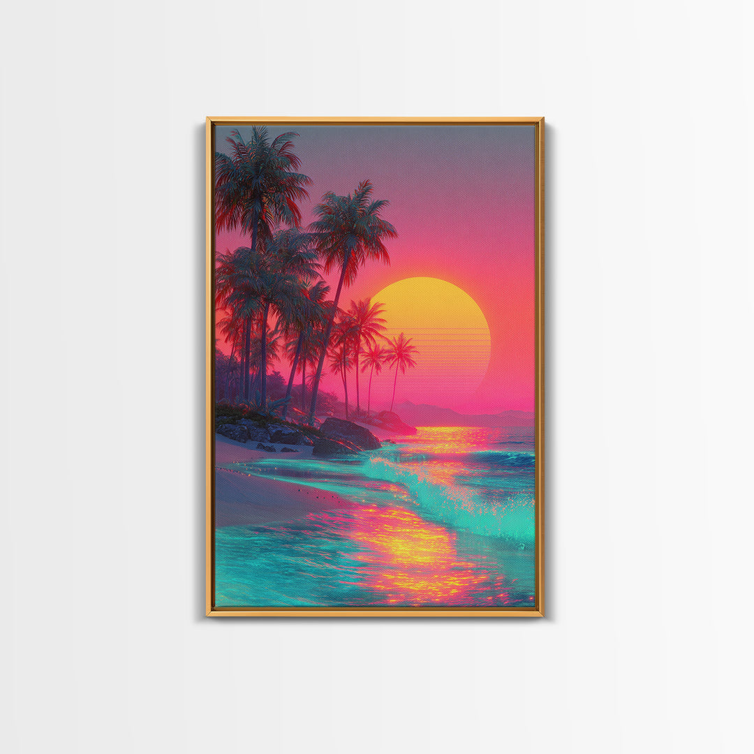 Tropical Beach With Palm Trees And Vibrant Sunset Reflections Large Framed Canvas Print Wall Art