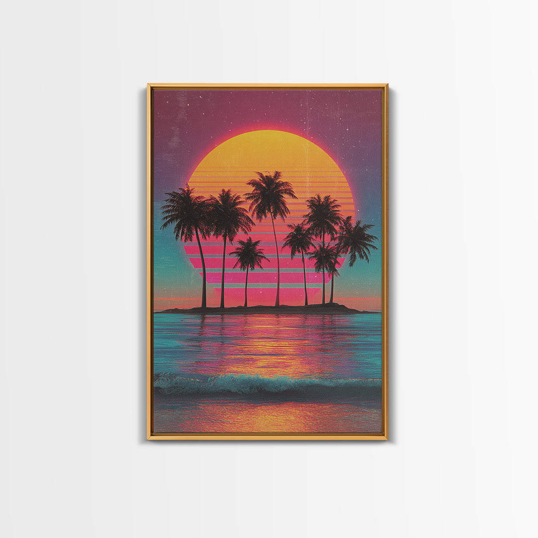 Retro Sunset With Palm Trees Against Gradient Sky Vibrant Framed Canvas Print For Tropical Wall Art And Home Decor
