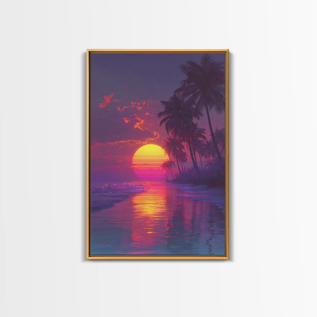 Neon Retro Sports Car At Night With Palm Trees Vibrant Cityscape Large Wall Art Framed Canvas Print Modern Decor