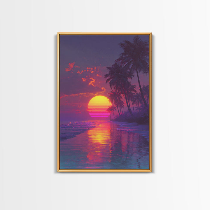 Neon Retro Sports Car At Night With Palm Trees Vibrant Cityscape Large Wall Art Framed Canvas Print Modern Decor