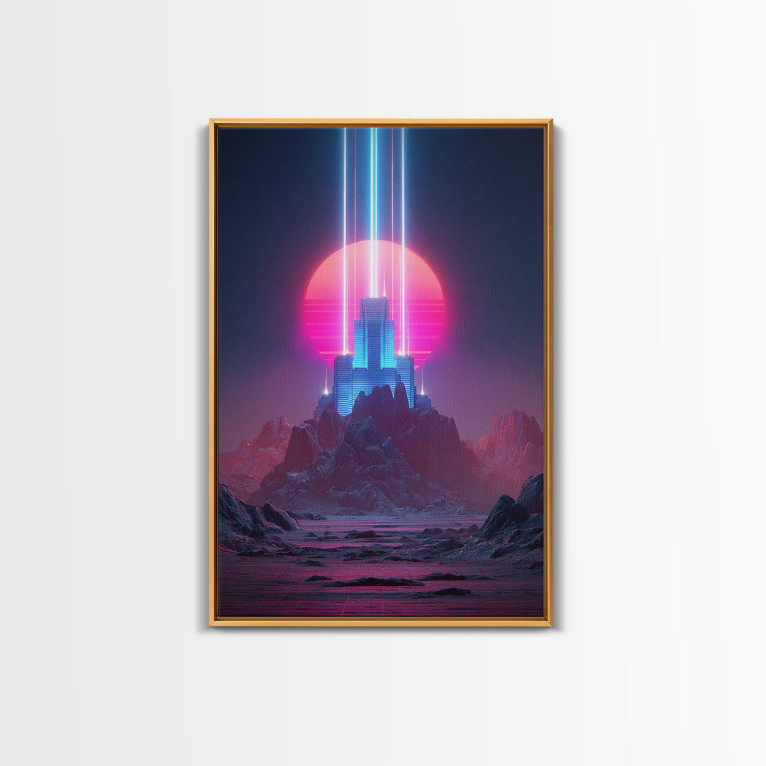 Retro Futuristic Neon Cityscape Digital Art Modern Wall Art Framed Canvas Print For Home Decor