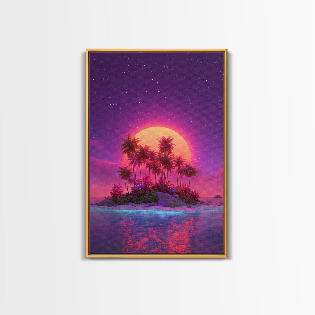 Neon Sunset Tropical Island With Palm Trees Canvas Print Vibrant Wall Art For Coastal Decor And Trendy Home Decor