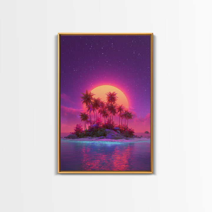 Neon Sunset Tropical Island With Palm Trees Canvas Print Vibrant Wall Art For Coastal Decor And Trendy Home Decor