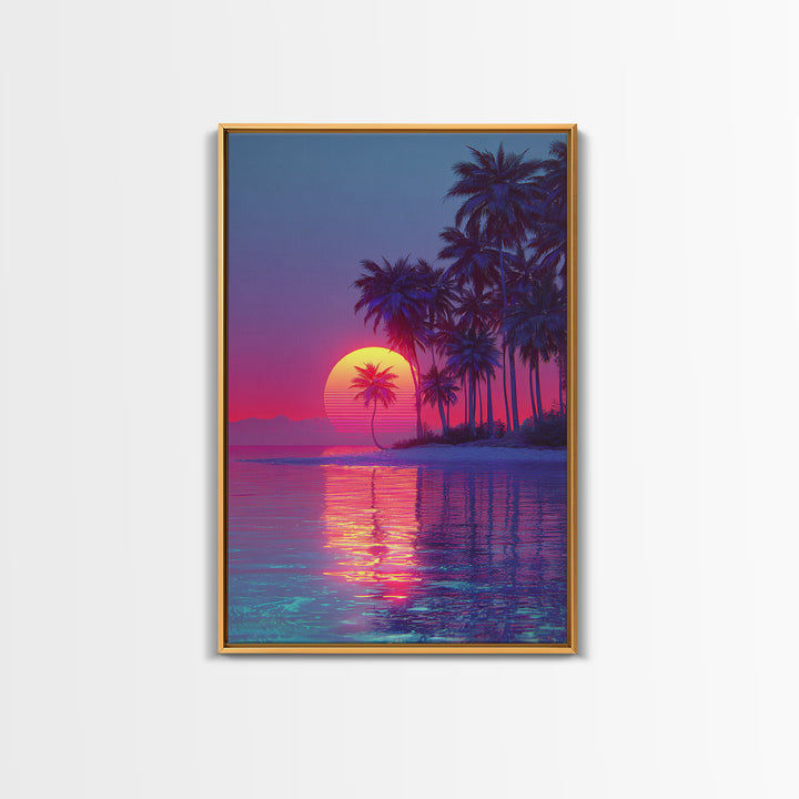 Vaporwave Tropical Sunset With Palm Trees Beach Reflection Canvas Print For Modern Home Decor Wall Art