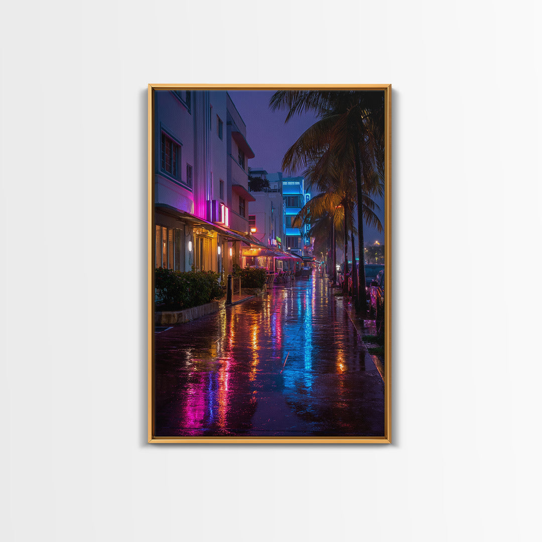 Vibrant Neon Miami Street Nightscape With Palm Trees Digital Wall Art Canvas Print For Chic Living Room Home Decor